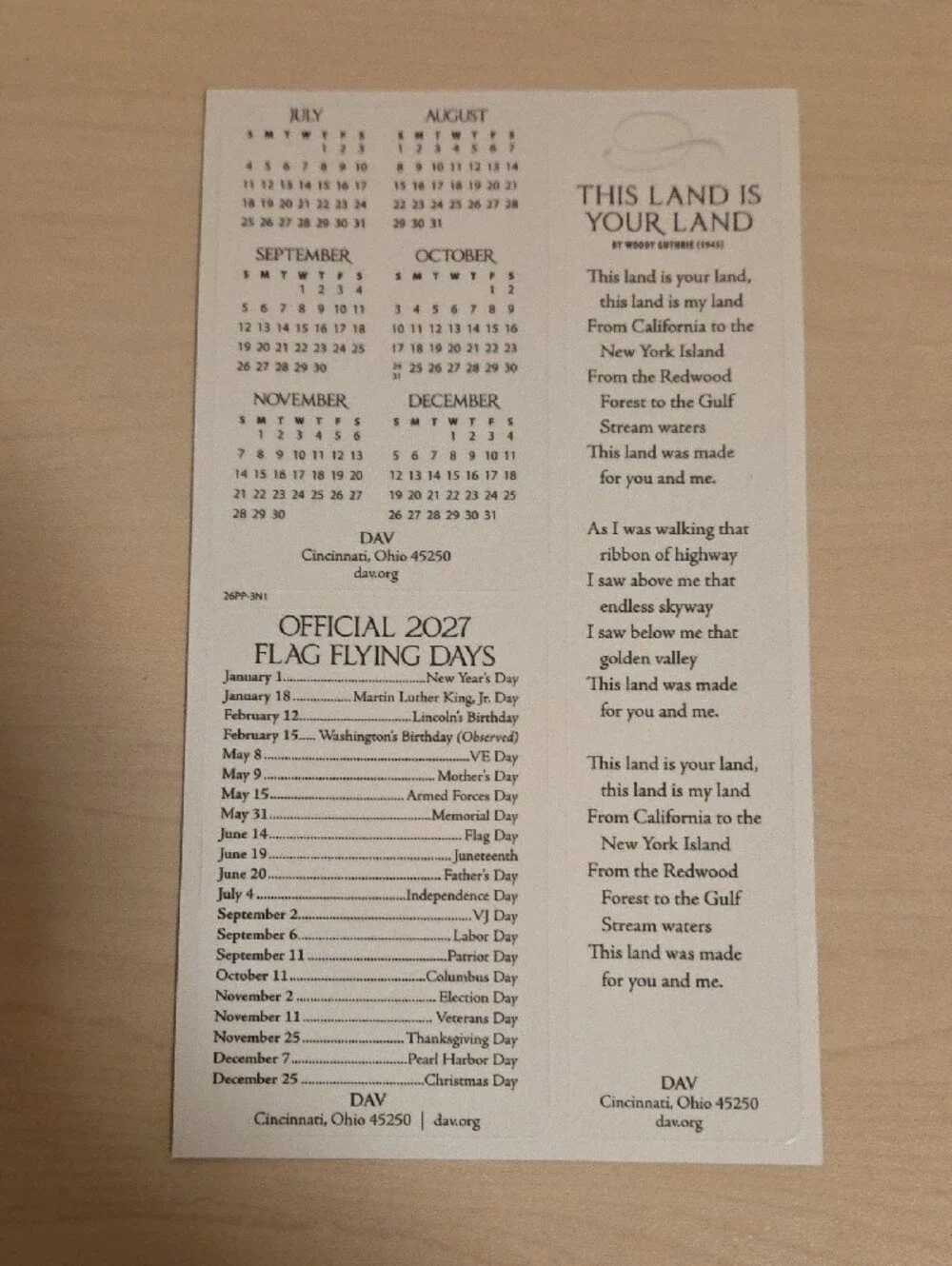 2027 Pocket Calendar, Holidays, and Bookmark